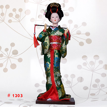 Dark Green Geisha Doll Holding A Flute