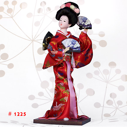 Red Japanese Geisha Doll Holding 2 Fans