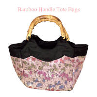 light purple brocade tote bag with bamboo handles